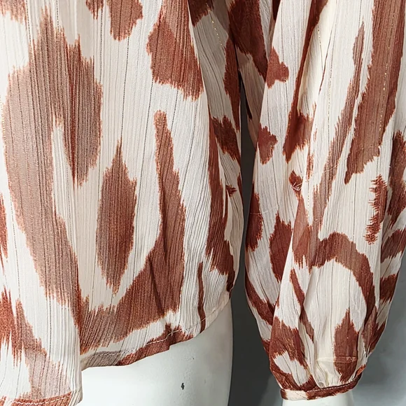 Sheer Women's Ruffle-Neck Button Front Blouse - Cream & Rust - Picture 5 of 9
